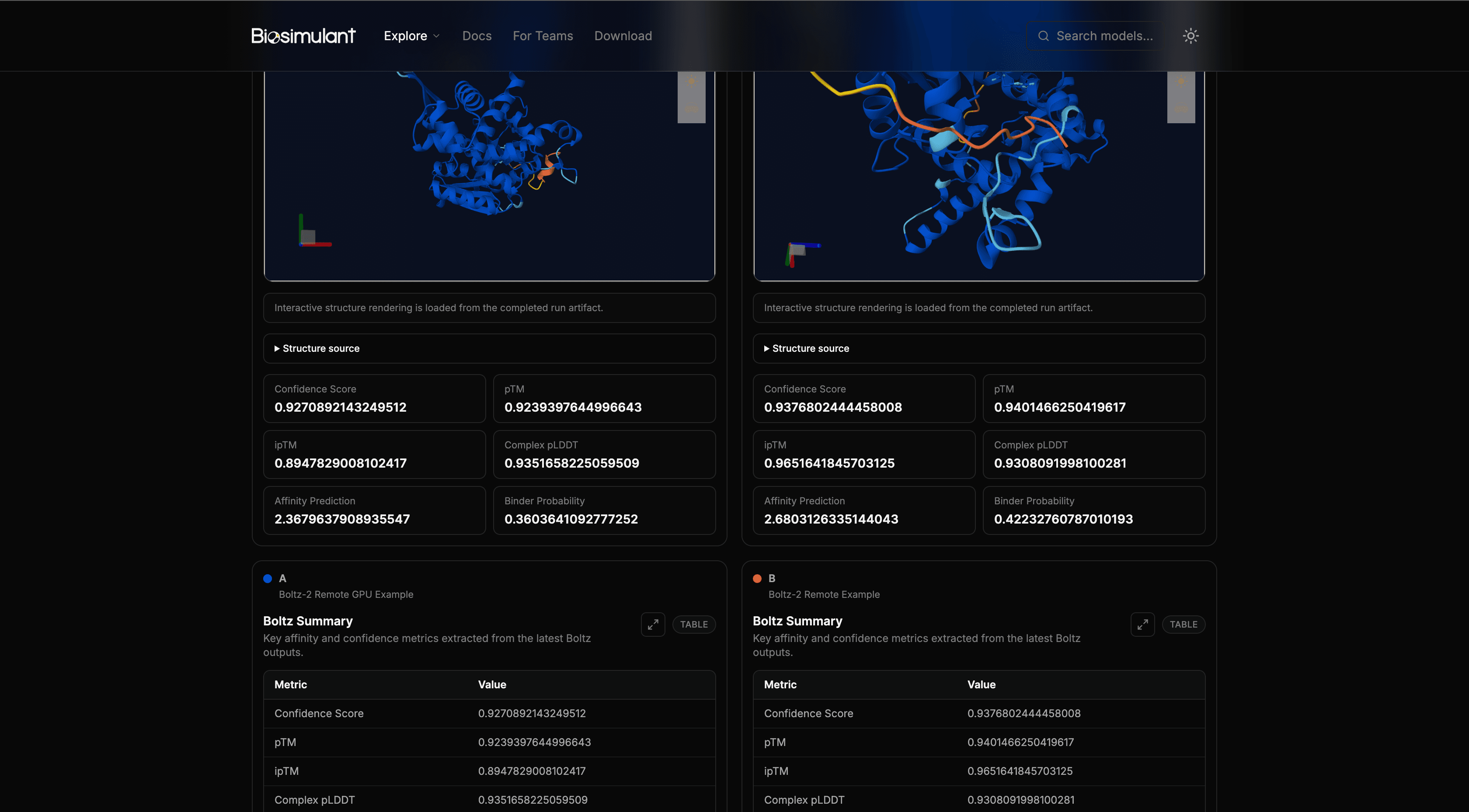 Biosimulant compare-runs view showing two protein-structure runs side by side with confidence and affinity metrics