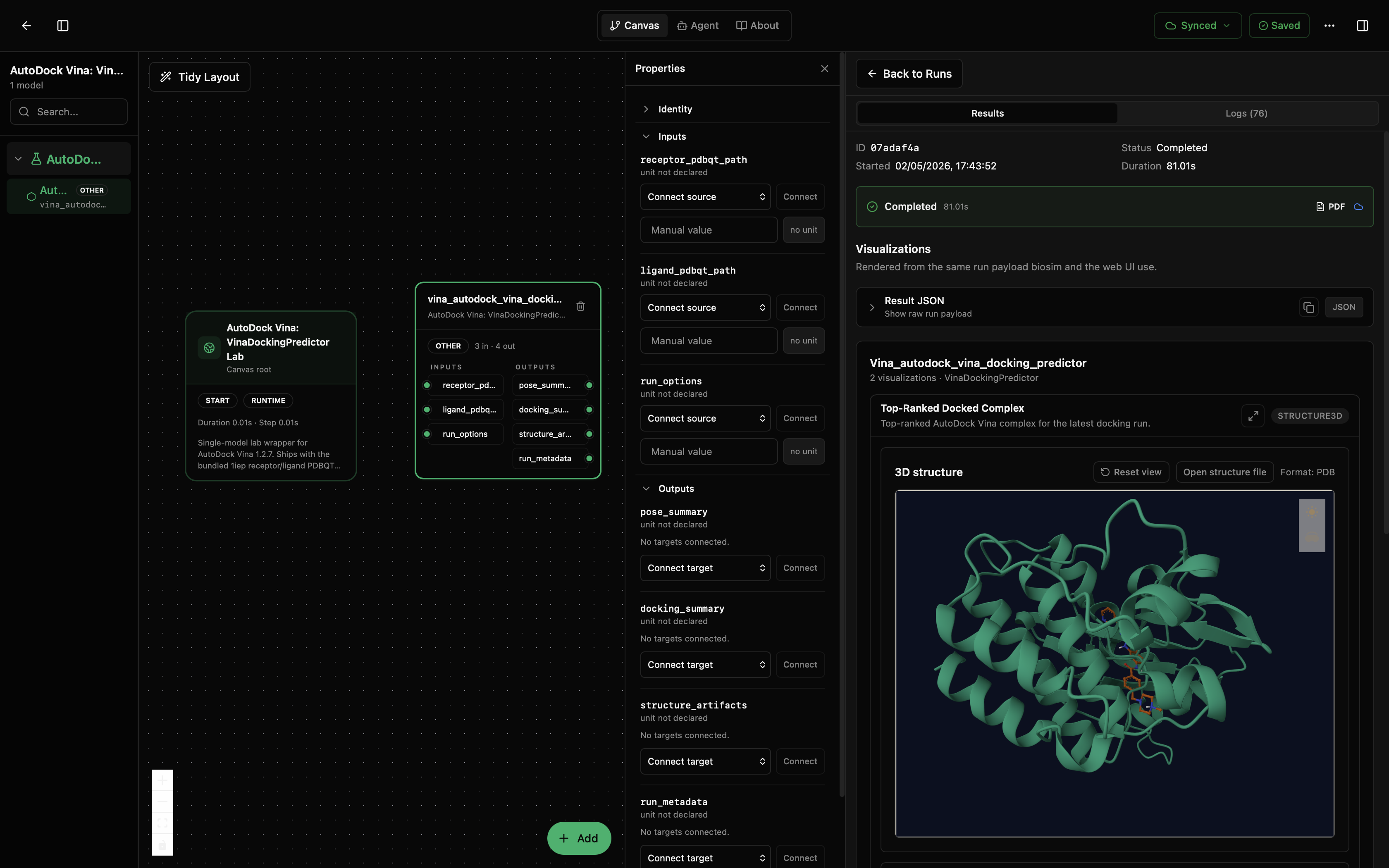AutoDock Vina lab canvas with top-ranked docked complex structure view