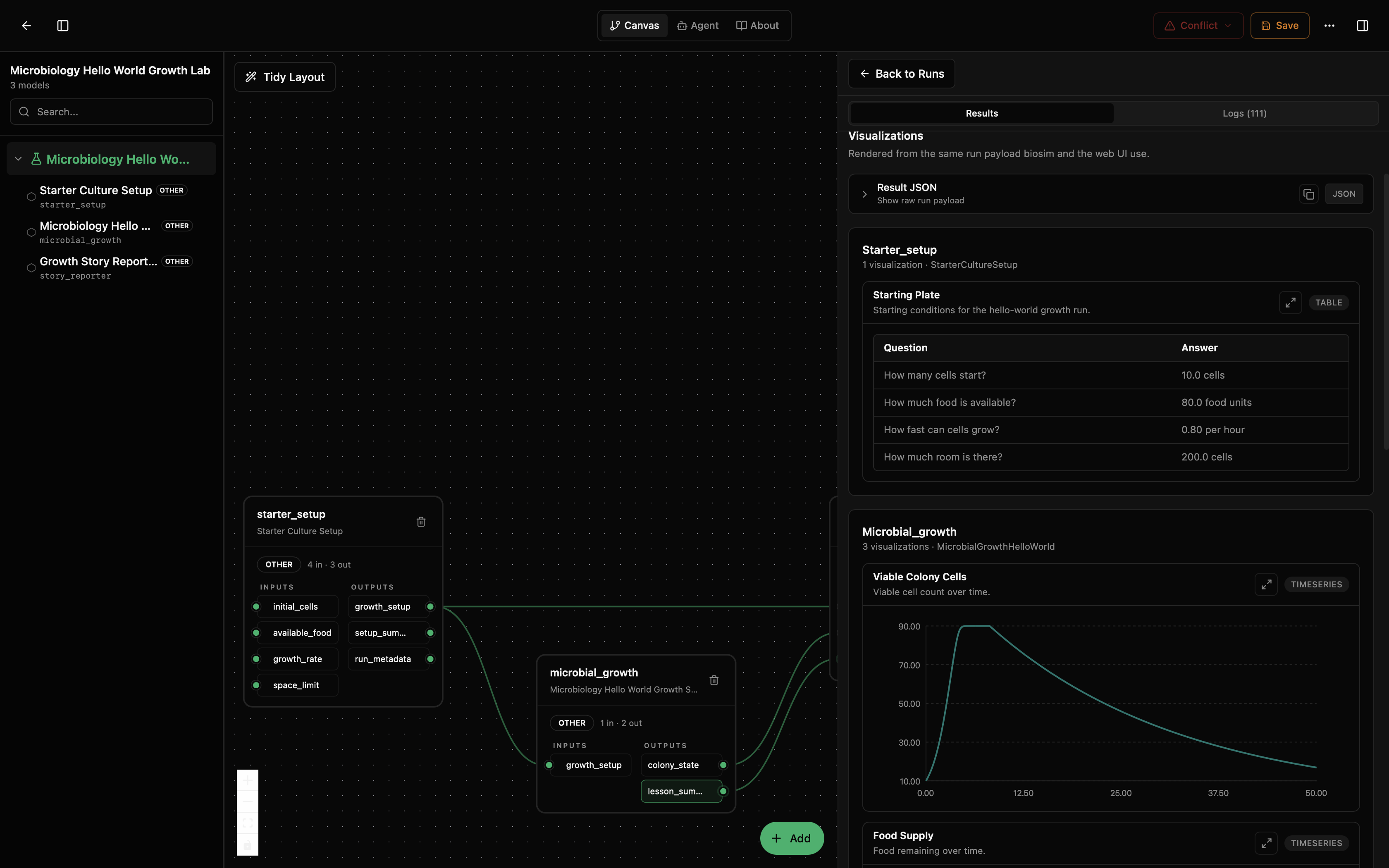 Desktop results overview with starter setup and viable-cell decline