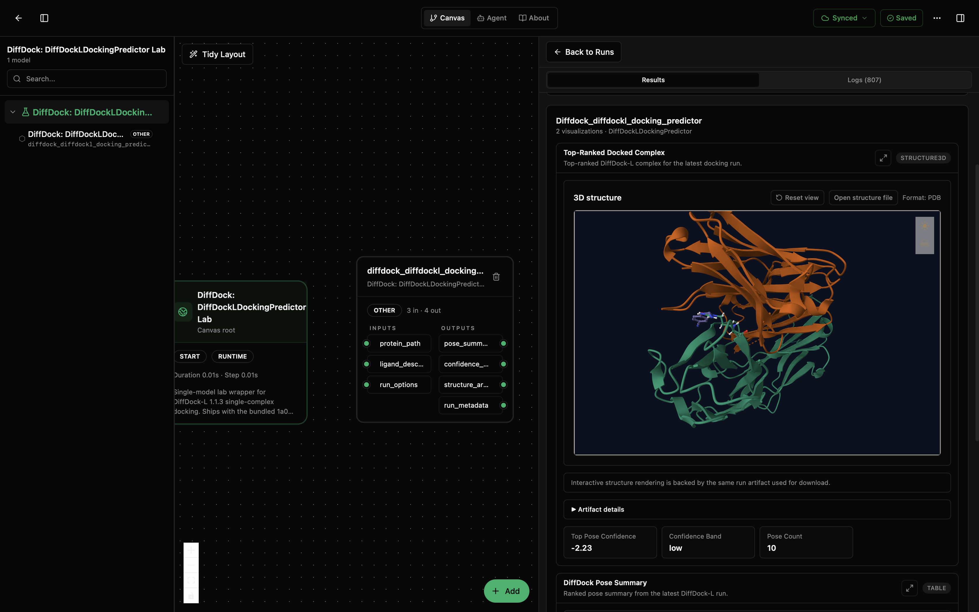 DiffDock-L lab canvas with top-ranked docked complex structure view